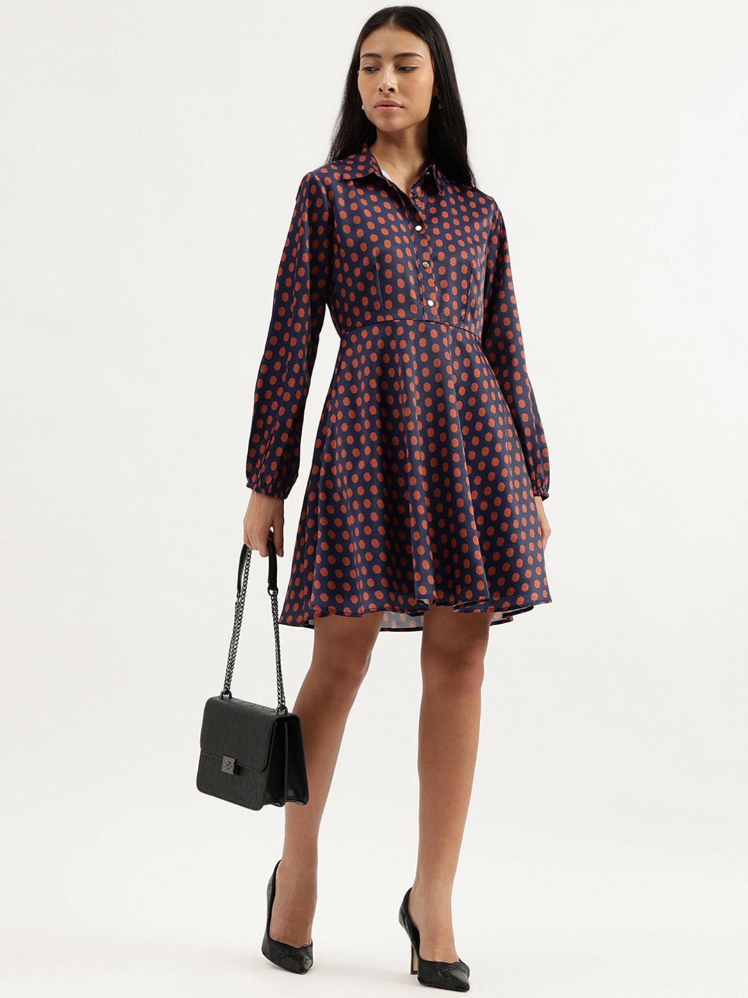 navy blue spread collar polka print dress