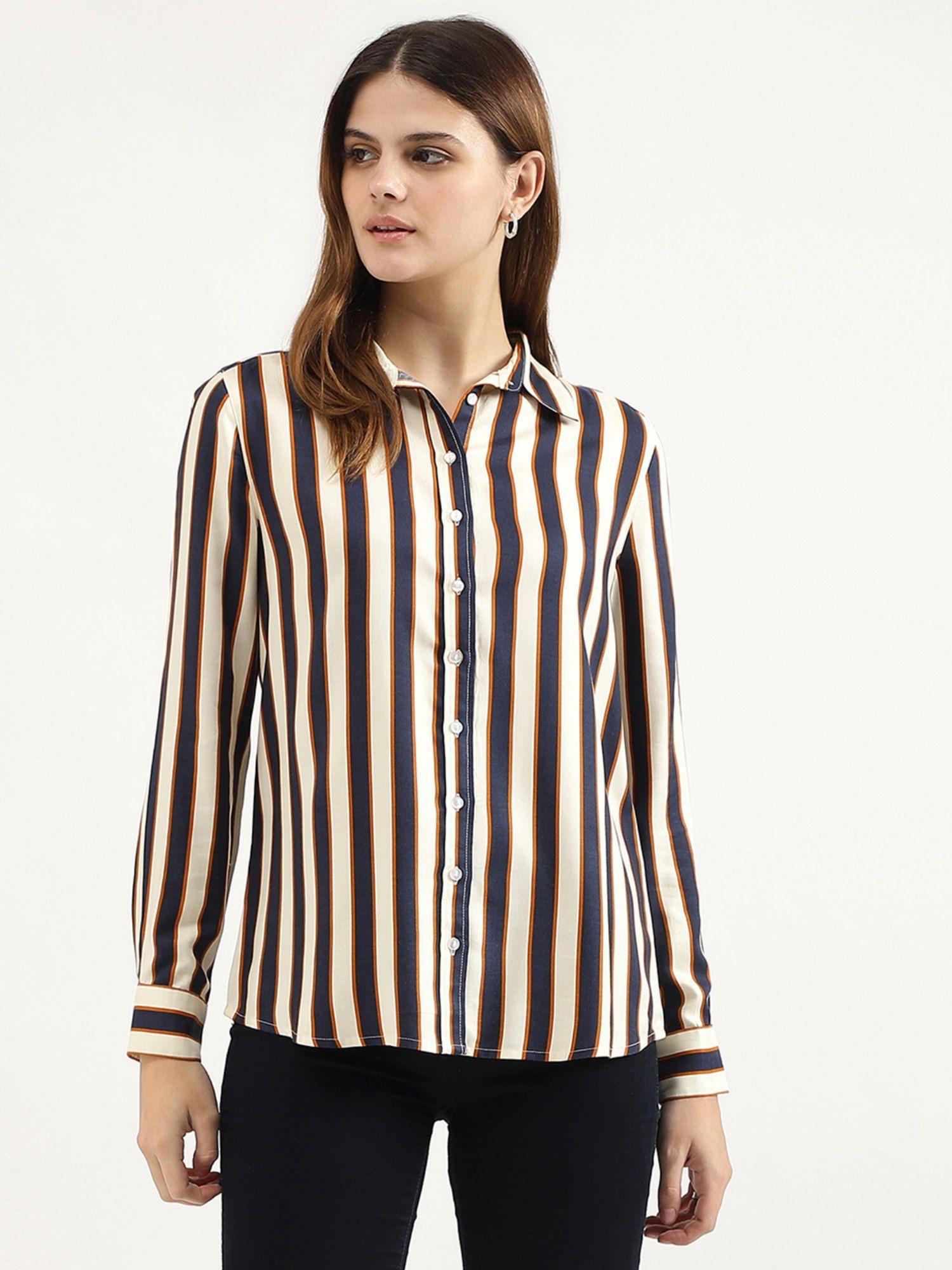 navy blue spread collar striped shirt