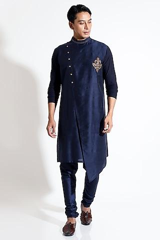 navy blue spun cotton asymmetric zardosi embroidered kurta set