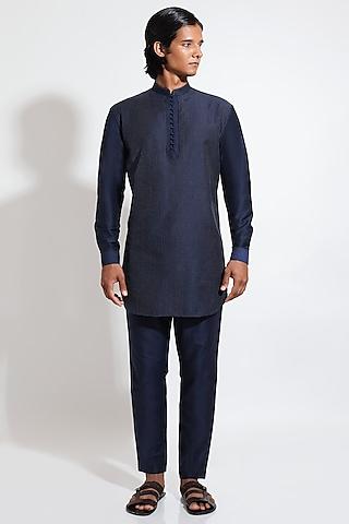 navy blue spun cotton pathani kurta set