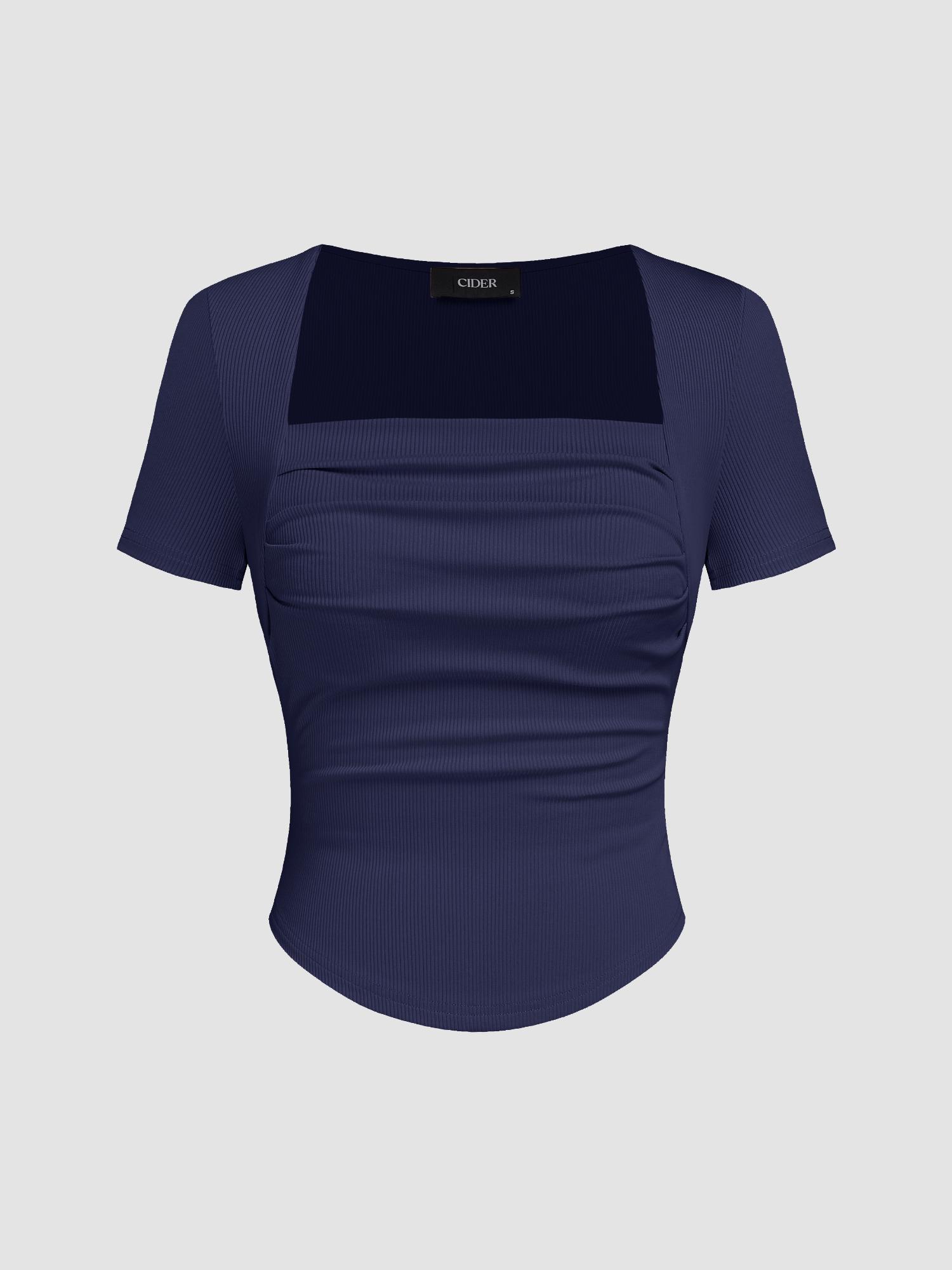 navy blue square neck ruched short sleeve tee