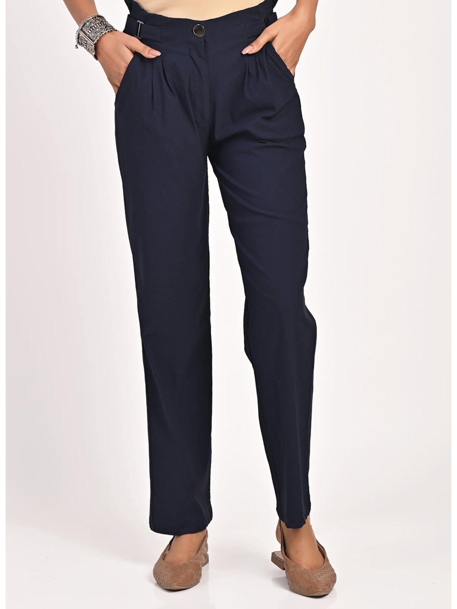 navy blue straight fit pant with decorative belt detail