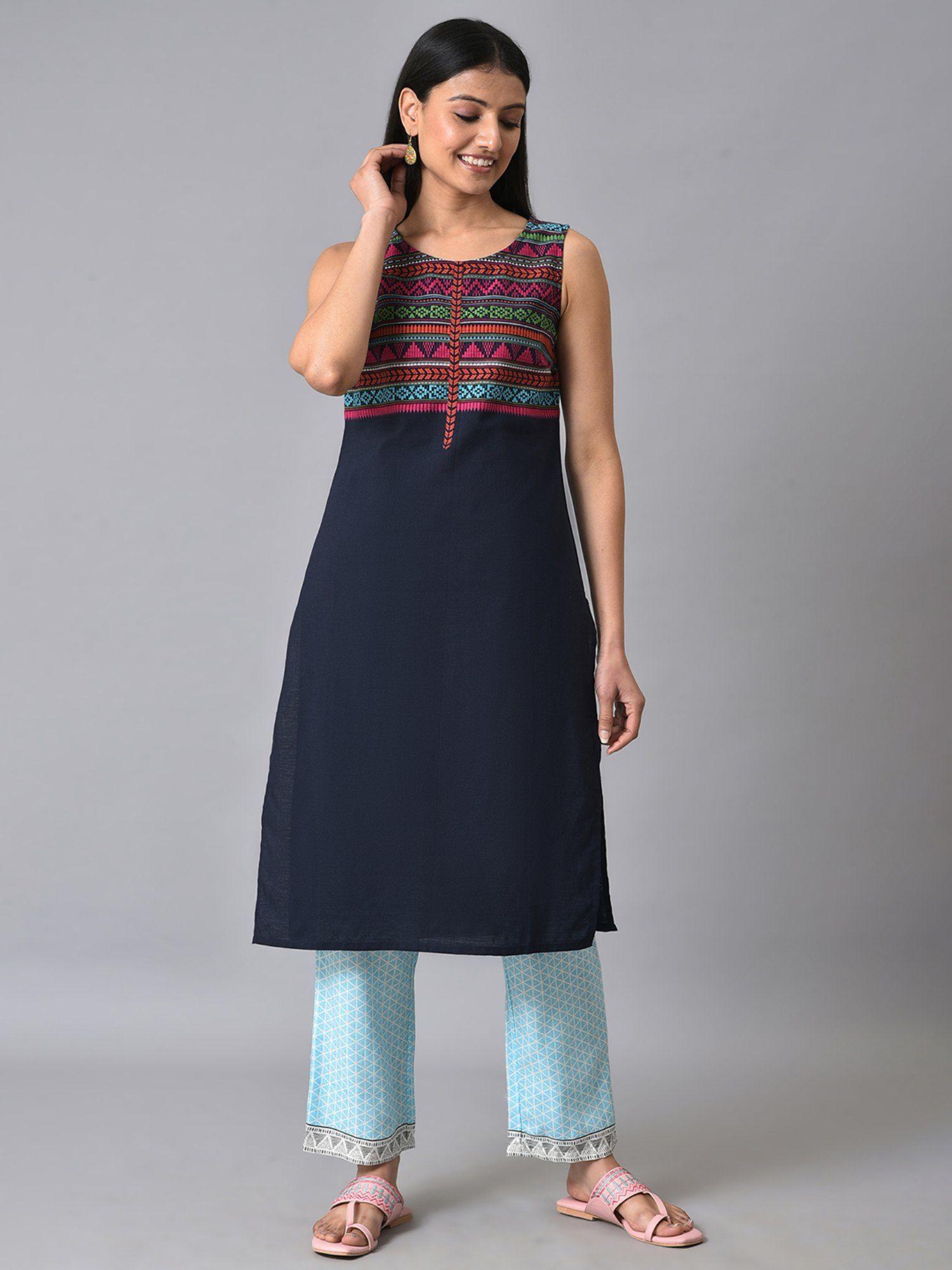 navy blue straight sleeveless kurta