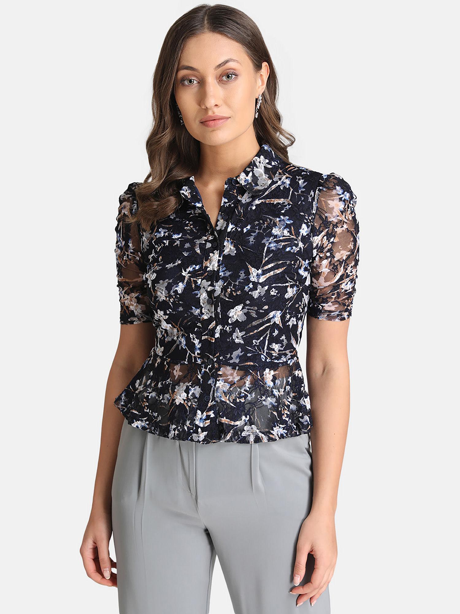 navy blue stretch lace peplum shirt