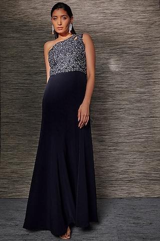 navy blue stretch suiting embroidered one-shoulder gown