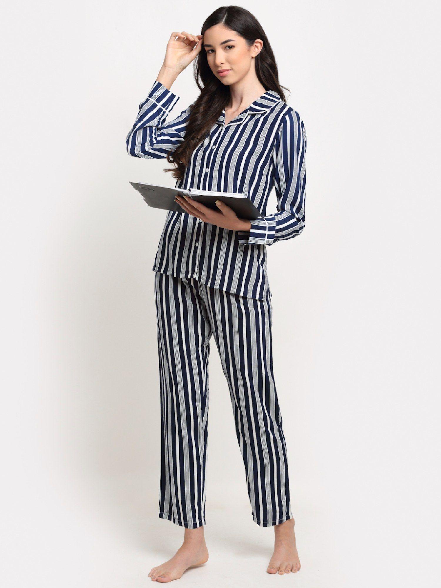 navy blue striped shirt & pyjama (set of 2)