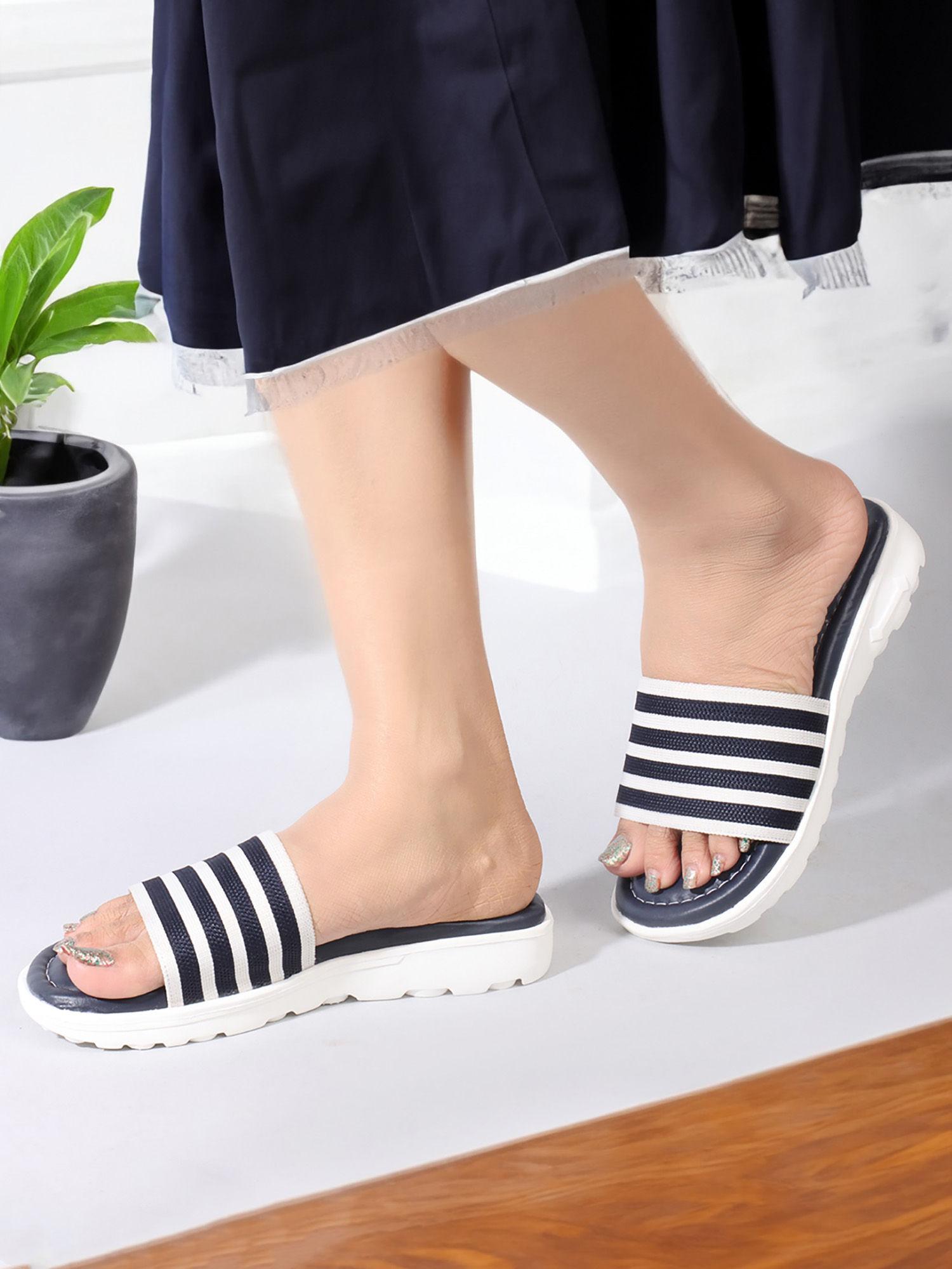 navy blue striped women comfort slider