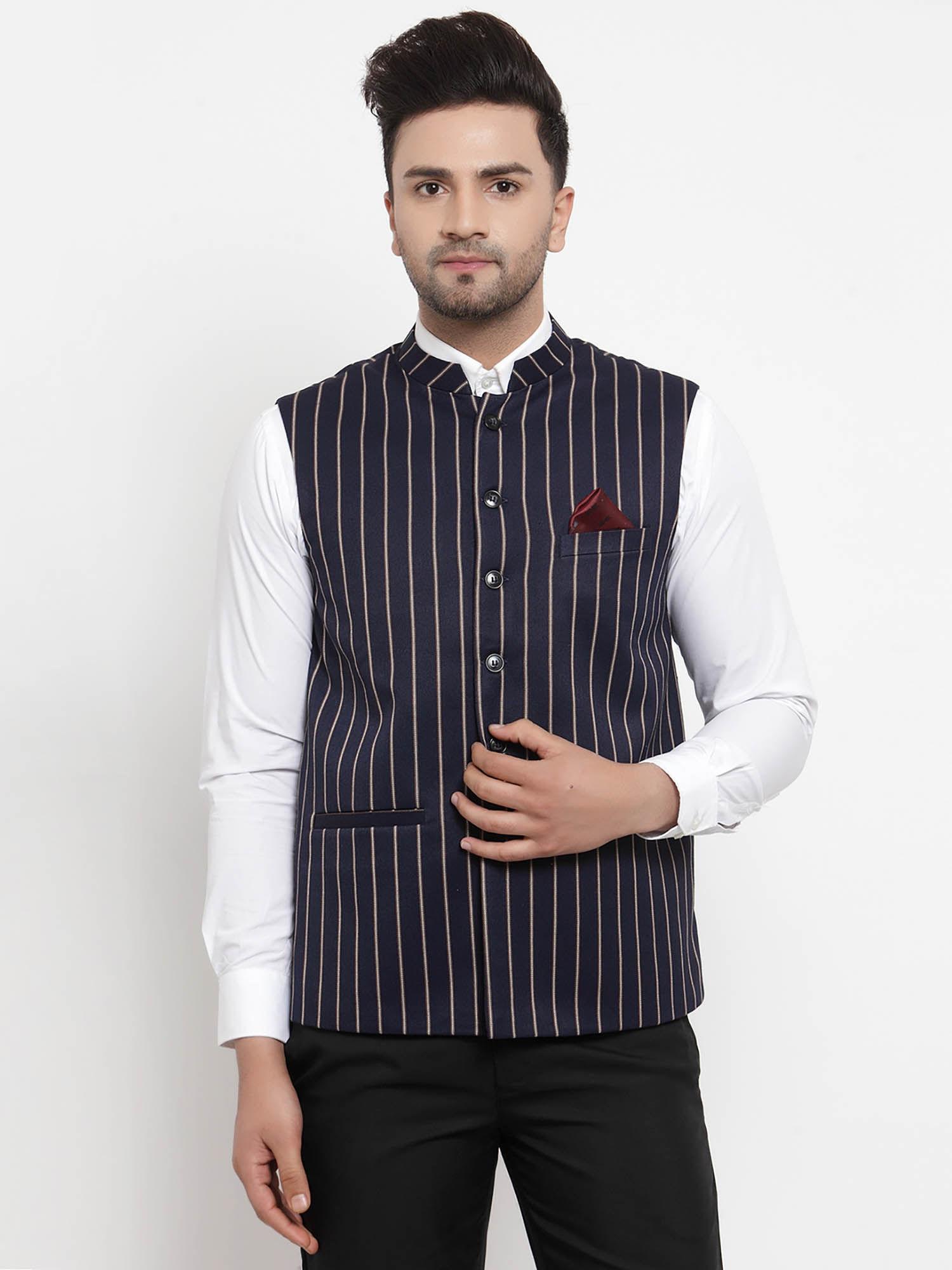 navy blue stripes nehru jacket