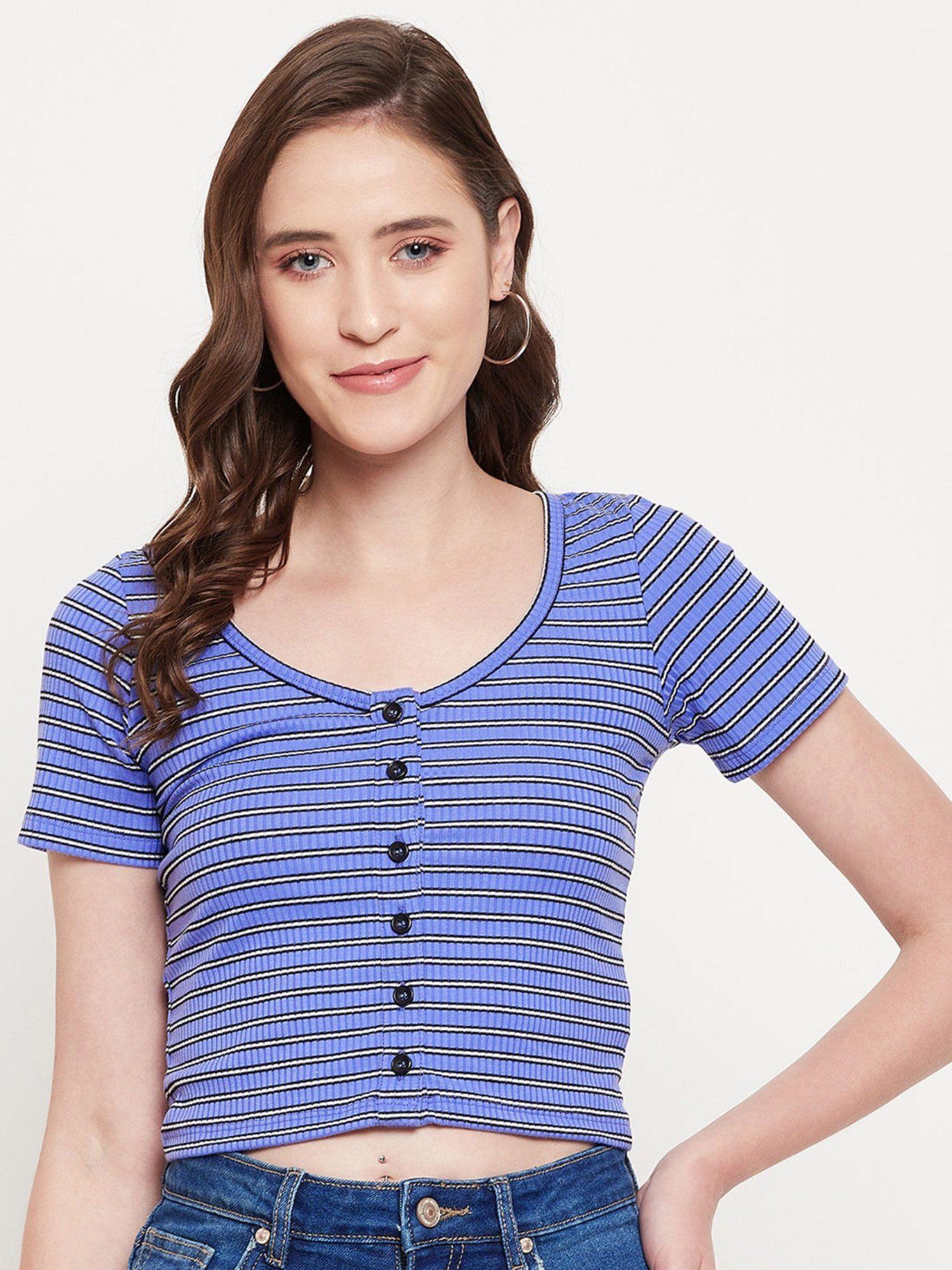 navy blue stripes round neck crop tops