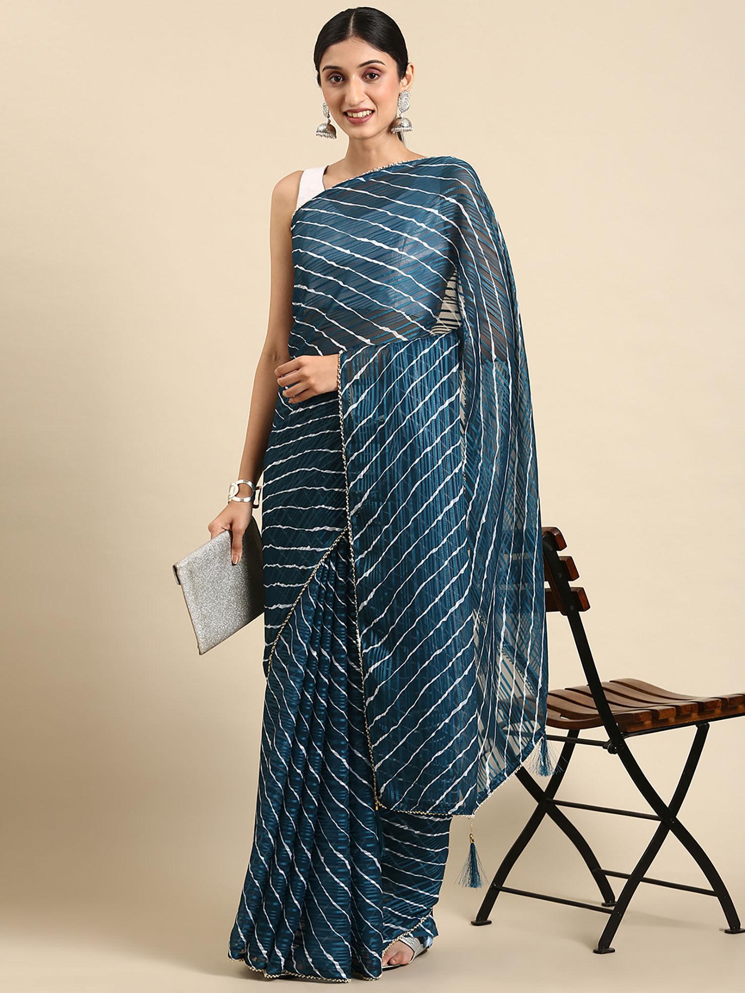 navy blue stripes satin saree with unstitched blouse