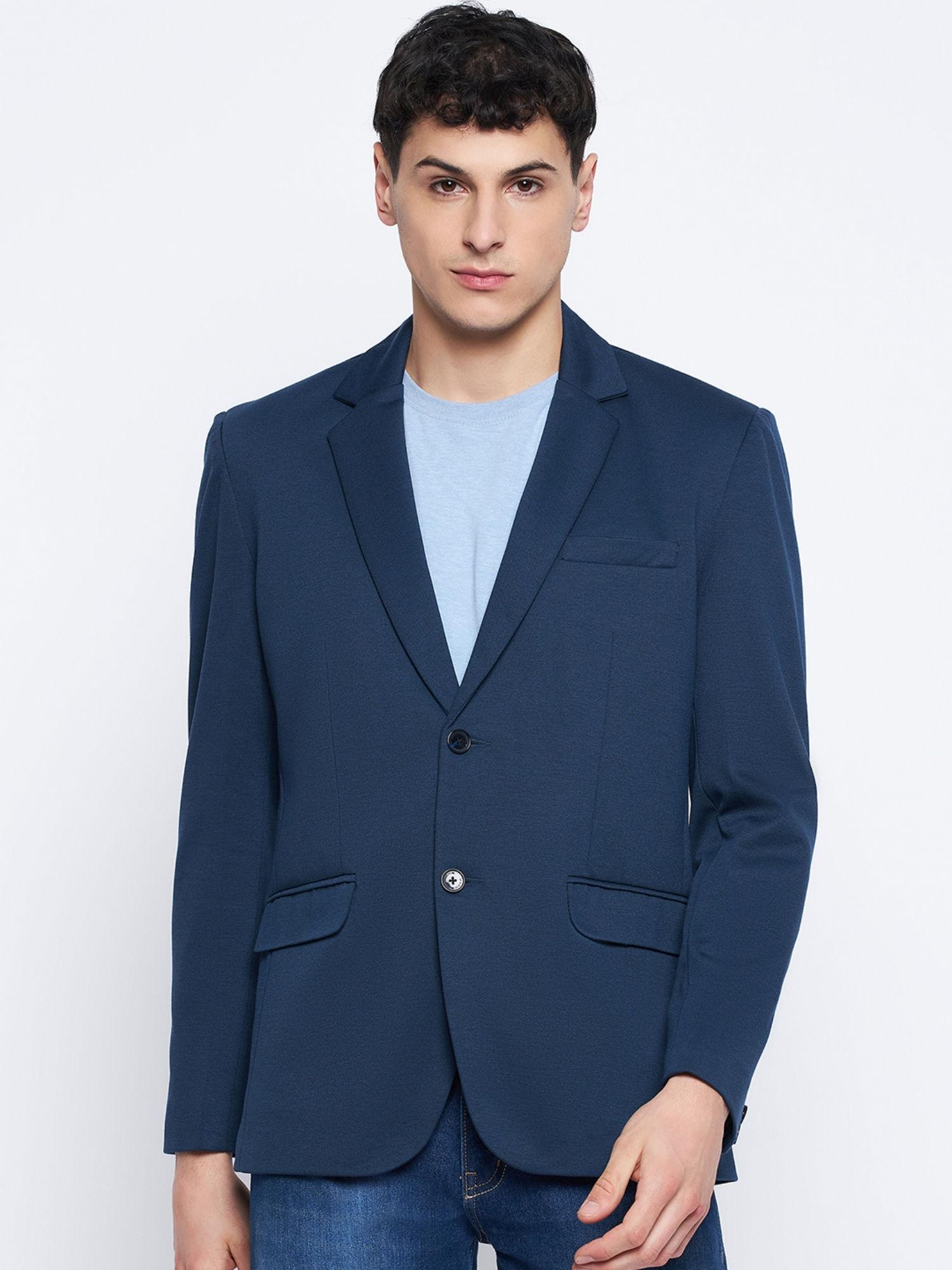 navy blue structured polyester pique blazer