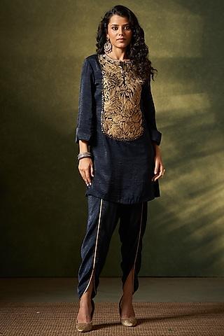 navy blue suede aari embroidered short tunic set