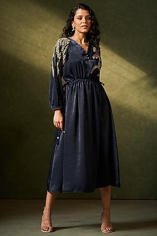 navy blue suede pearl embellished tunic dress