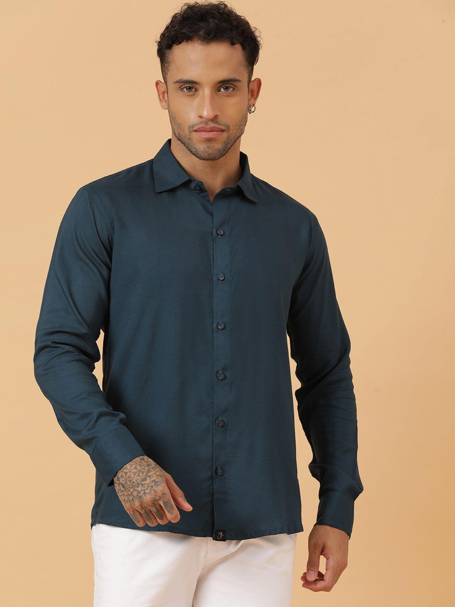 navy blue sustainable solid men slim fit shirt