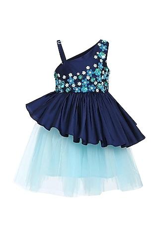 navy blue taffeta & tulle embellished dress for girls