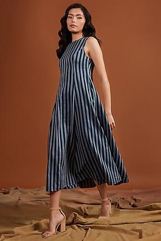 navy blue tencel striped sleeveless midi dress