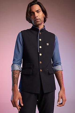 navy blue terylene & viscose nehru jacket