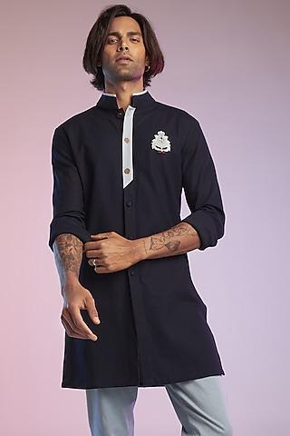 navy blue textured cotton kurta