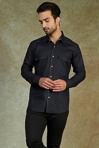 navy blue textured cotton shirt