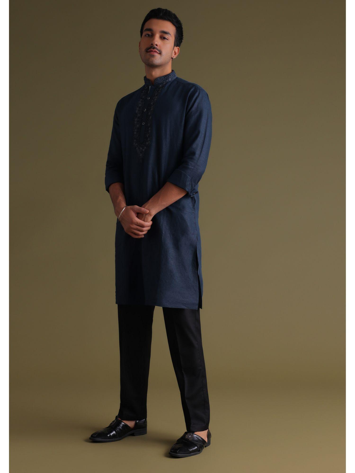 navy blue thread-embroidered festive kurta in silk (set of 2)