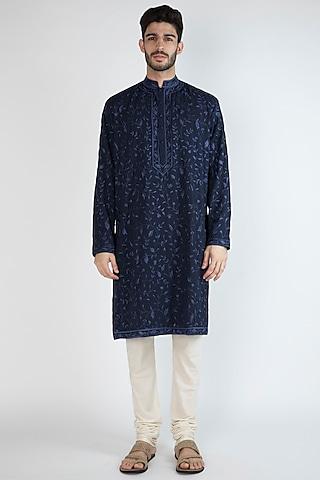 navy blue thread embroidered kurta