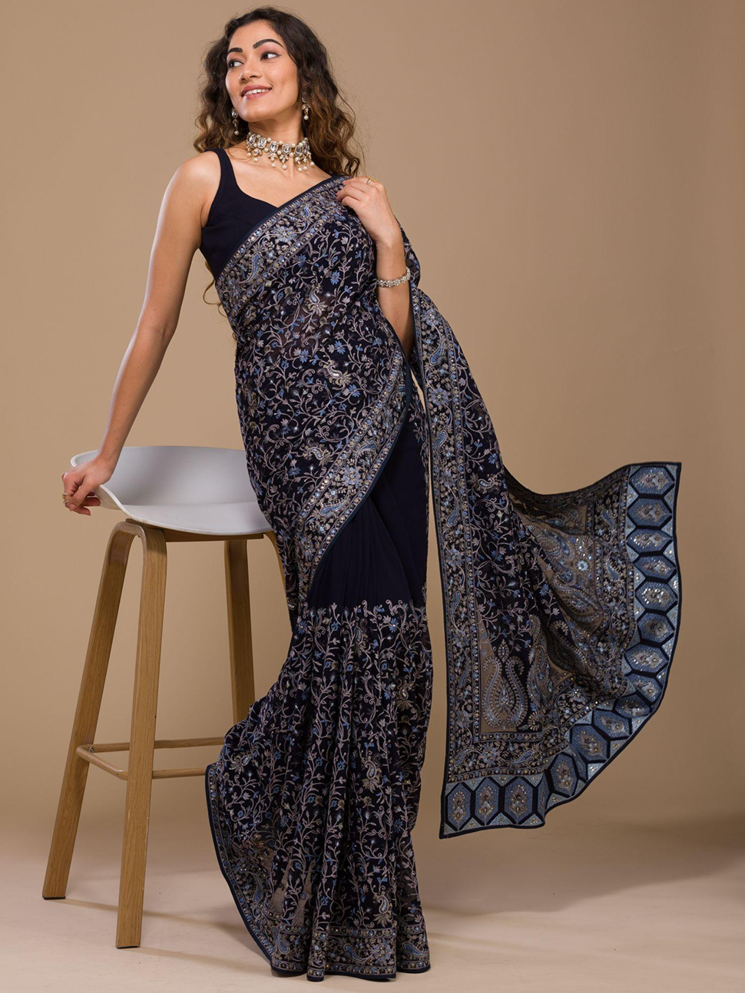 navy blue threadwork georgette saree with unstitched blouse