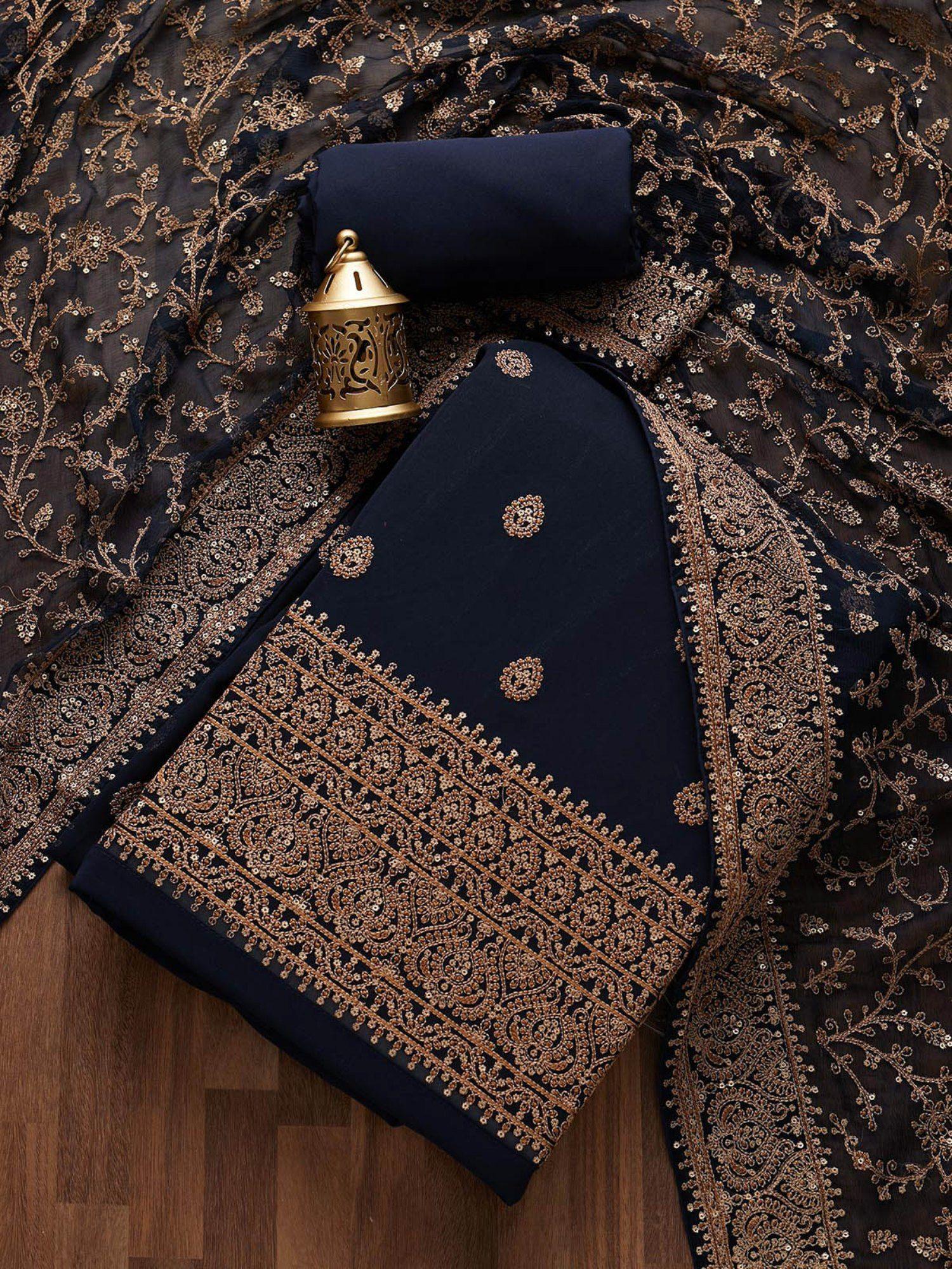 navy blue threadwork georgette unstitched salwar suit (set of three)