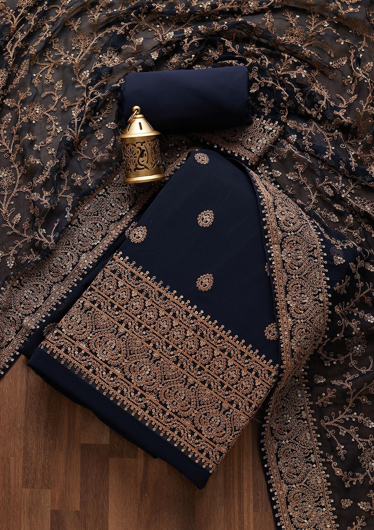 navy blue threadwork georgette unstitched salwar suit