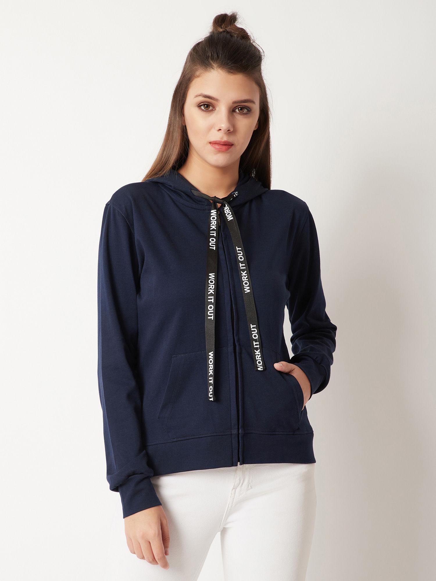 navy blue tie-up hooded sweatshirt