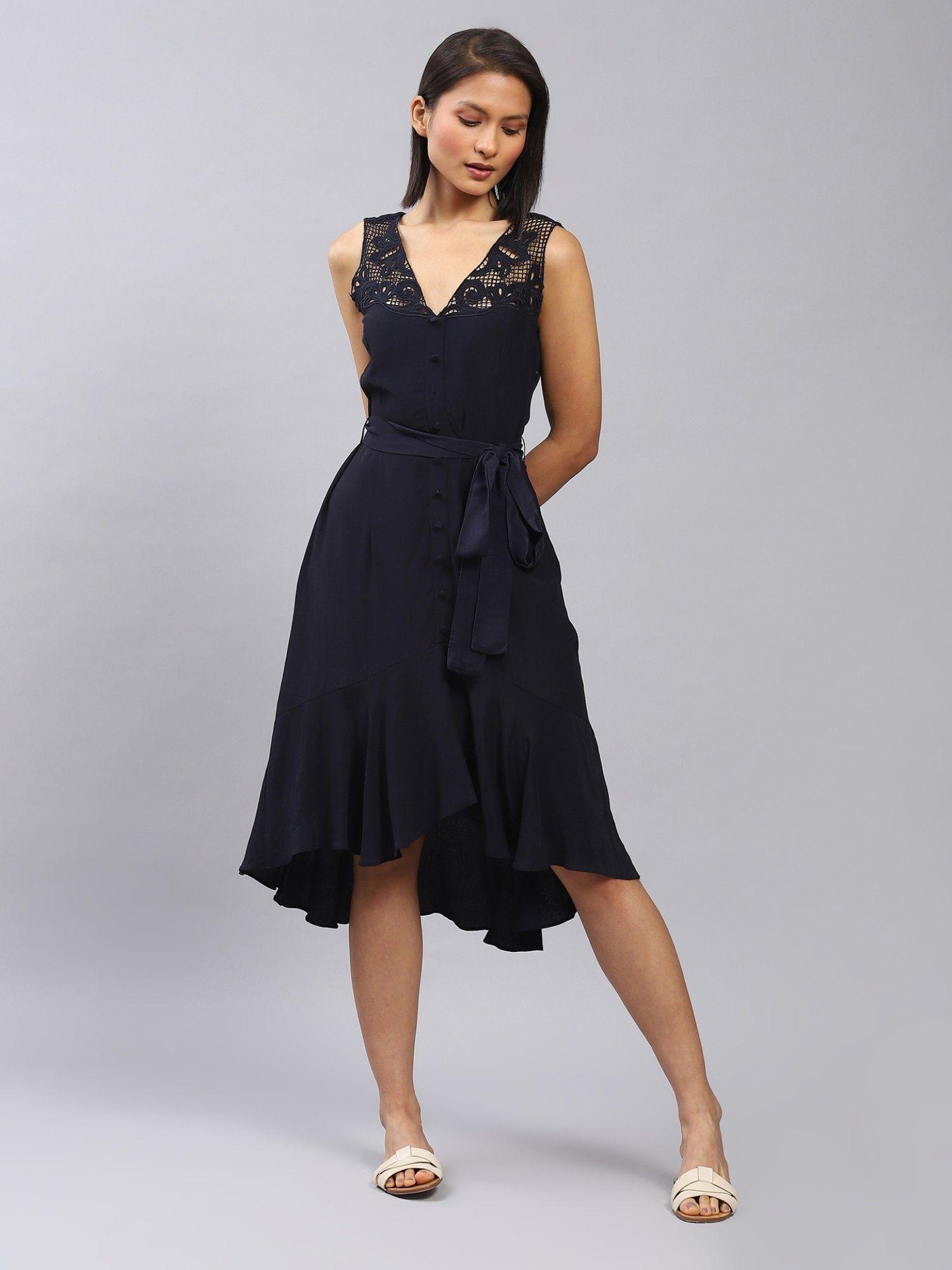 navy blue tie up midi dress with belt (set of 2)