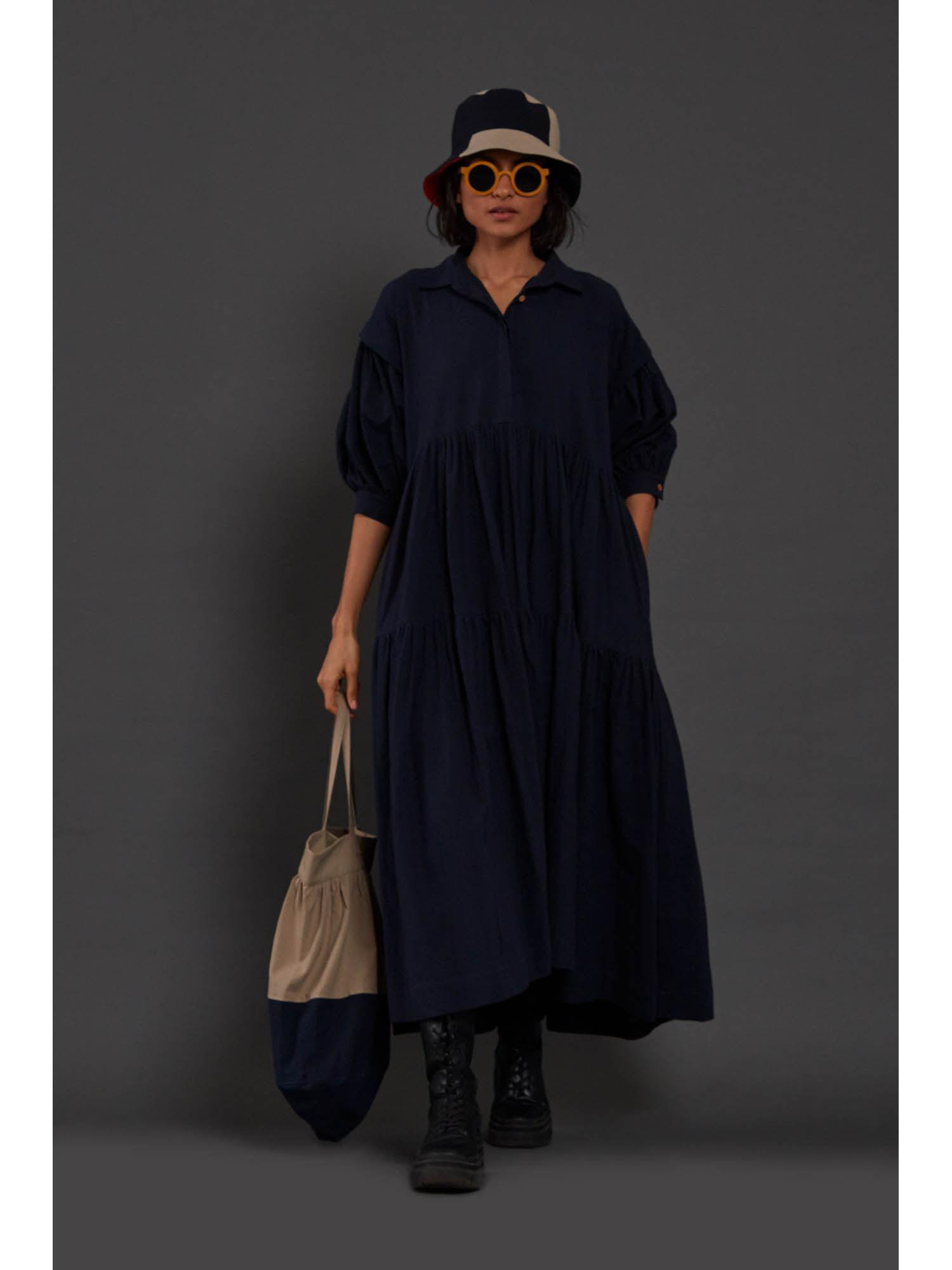 navy blue tiered shirt dress