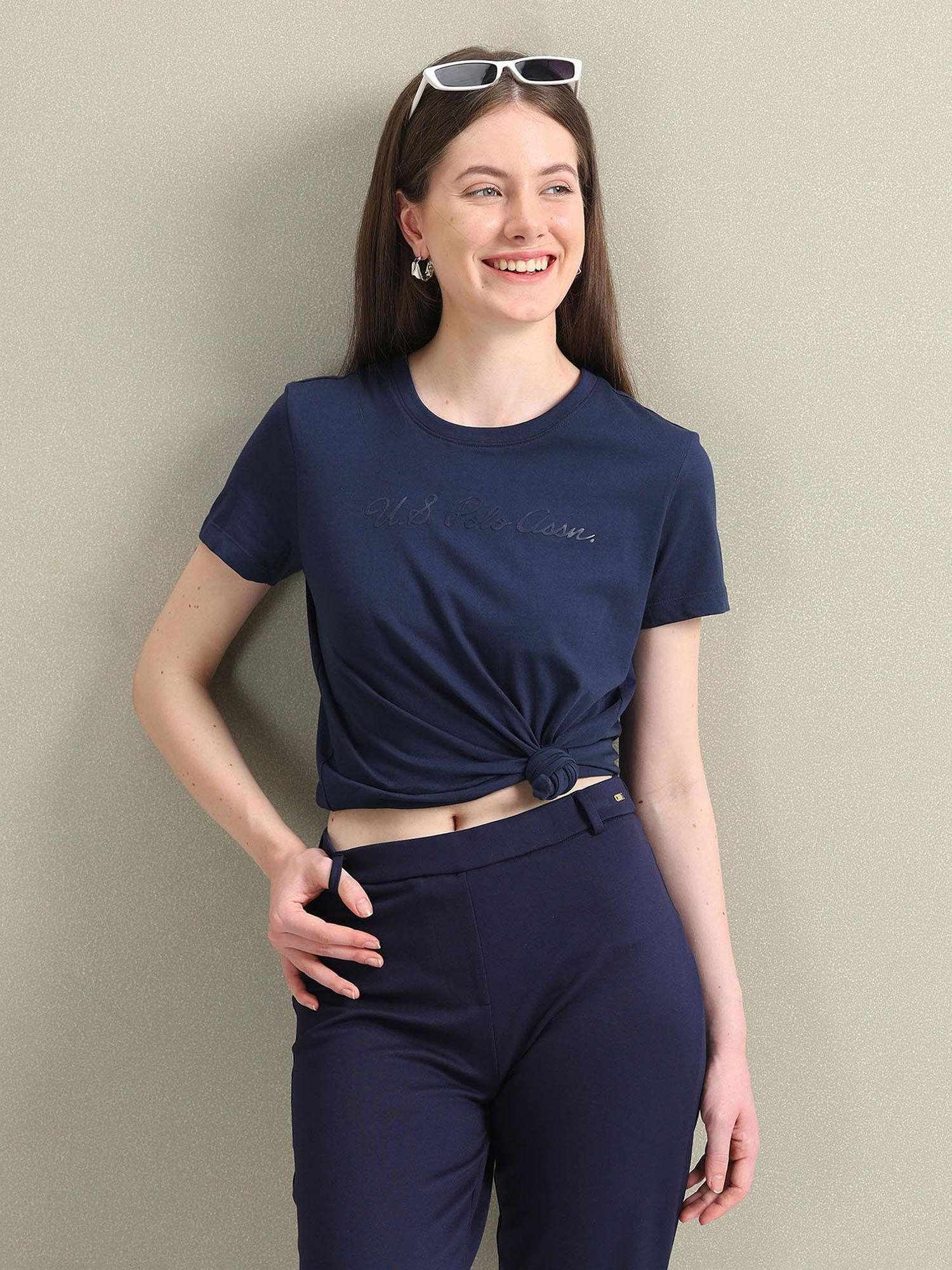 navy blue tonal brand print cotton t-shirt