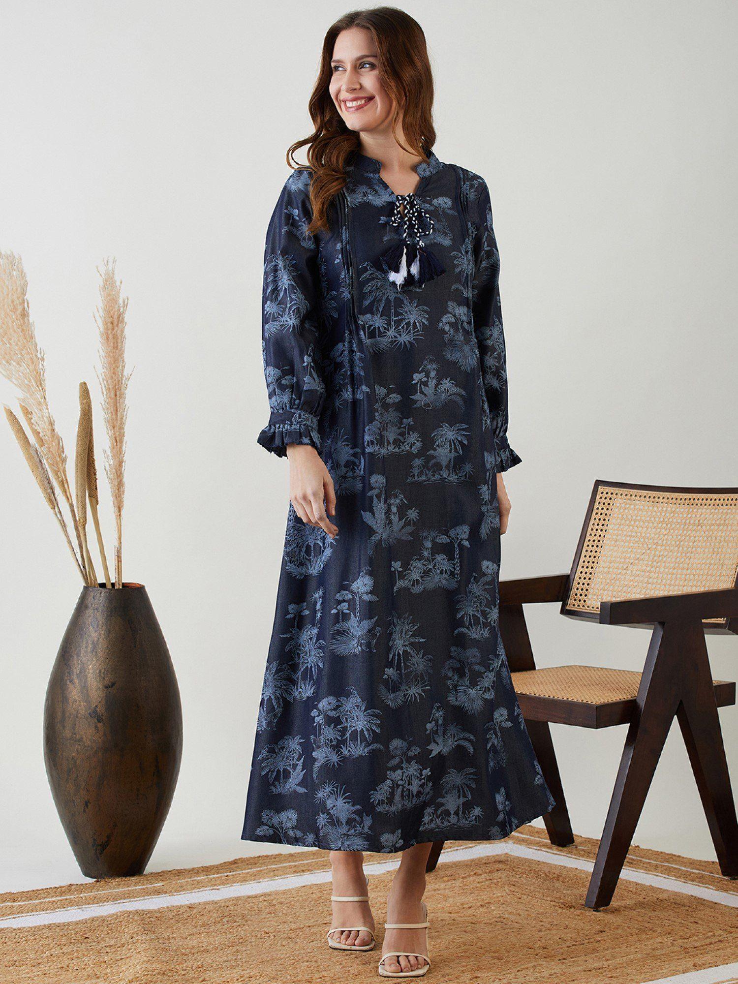 navy blue tropical indigo denim dress