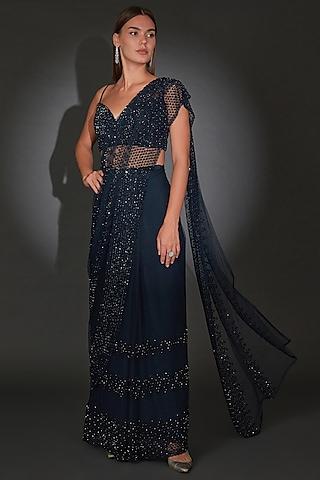 navy blue tulle embroidered pre-stitched saree set
