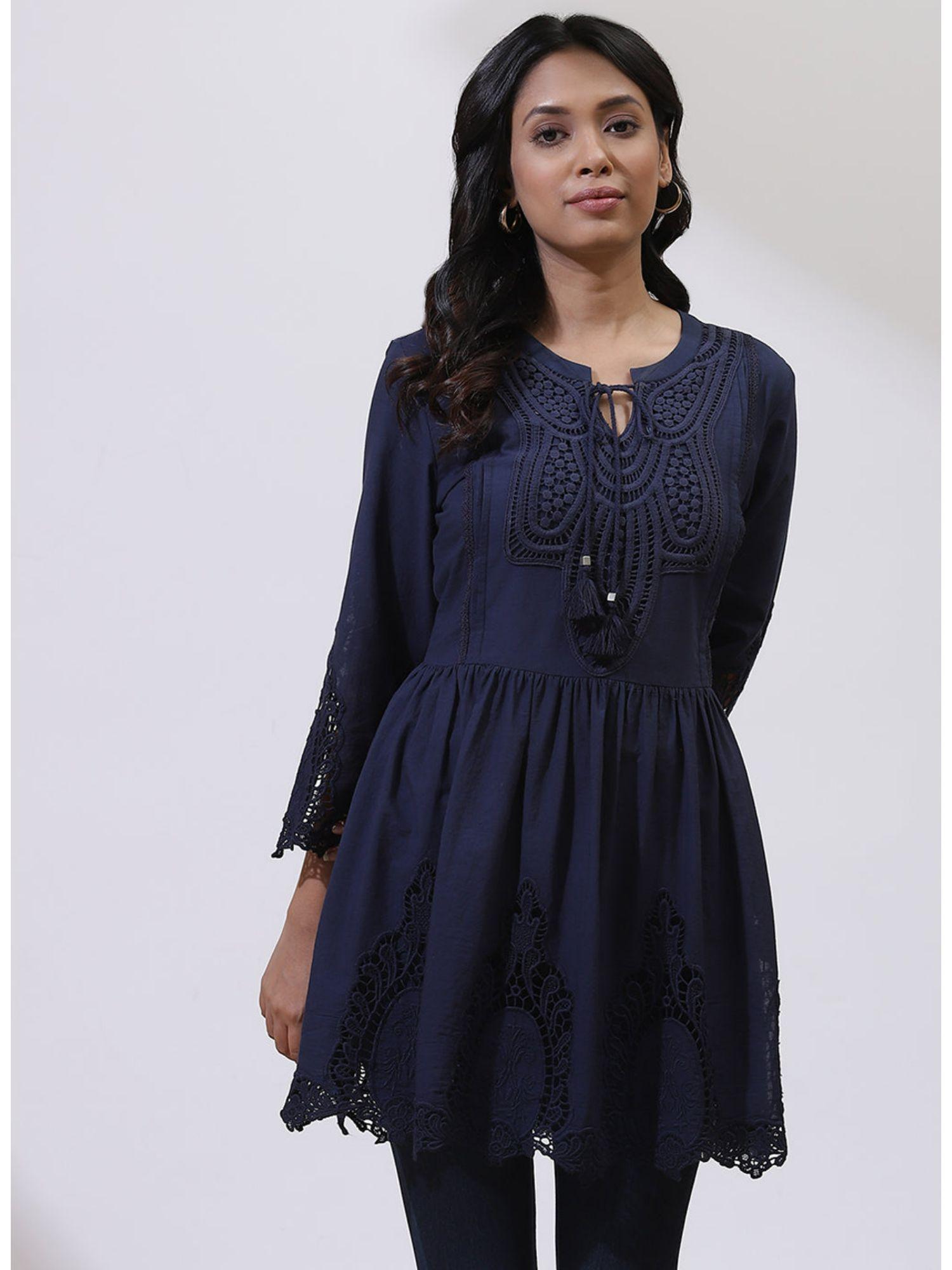 navy blue tunic with schiffli embroidery