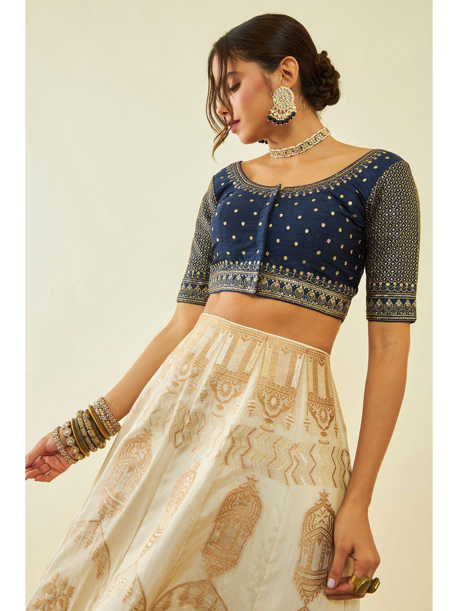 navy blue tusshar silk embroidered stitched blouse with sequined
