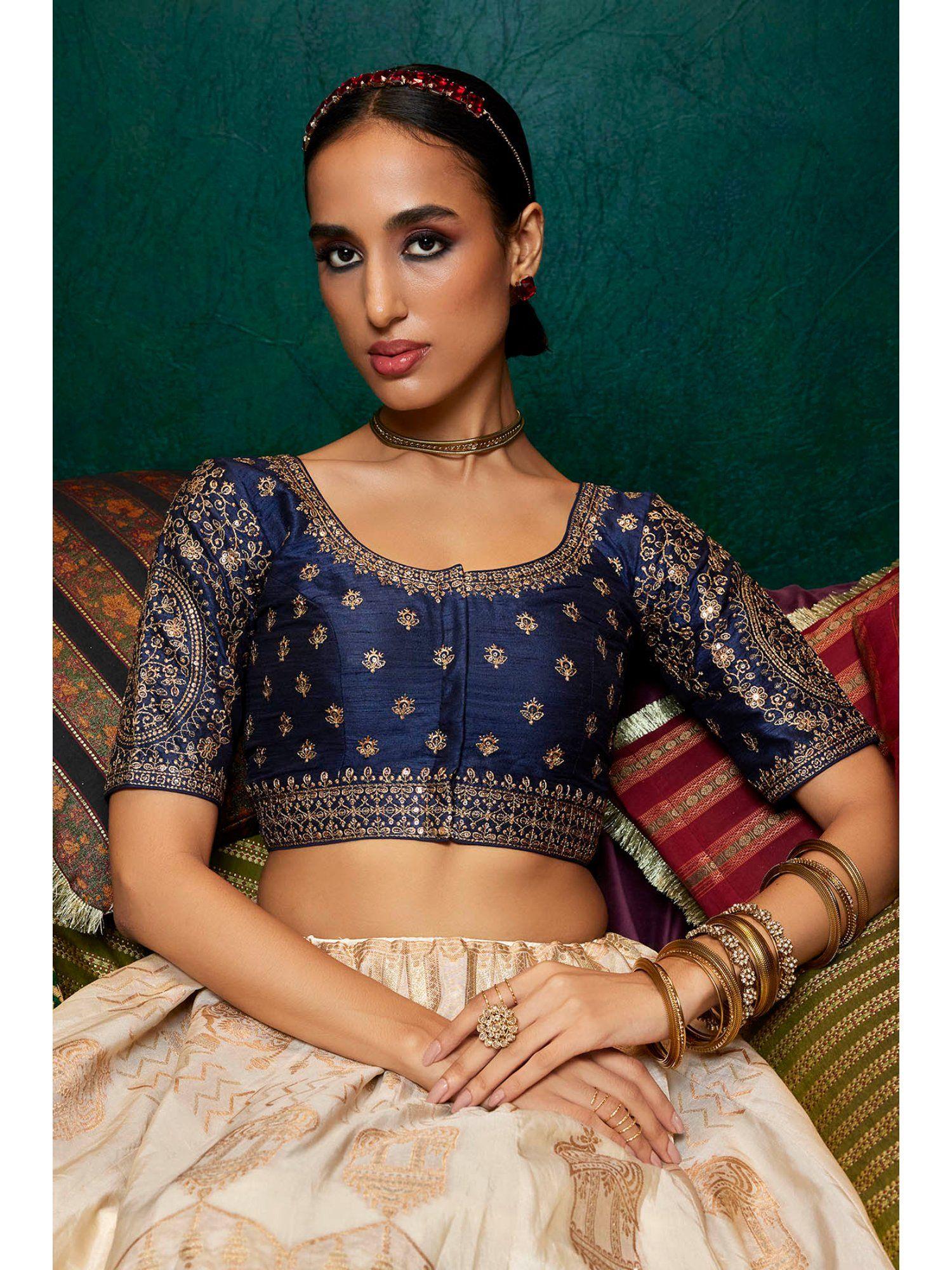 navy blue tusshar silk embroidered stitched blouse with sequins