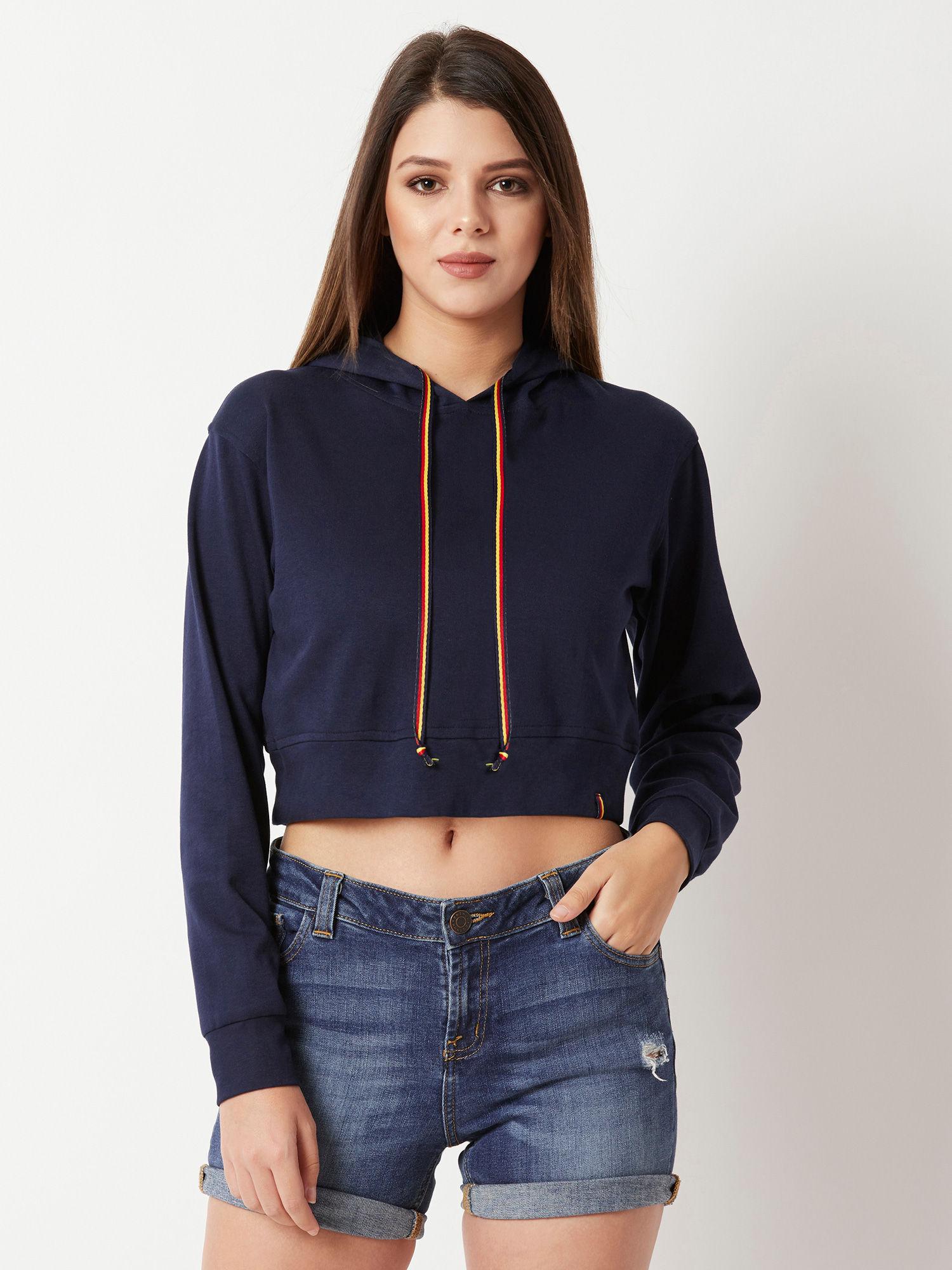 navy blue twill tape detailing boxy crop sweatshirt