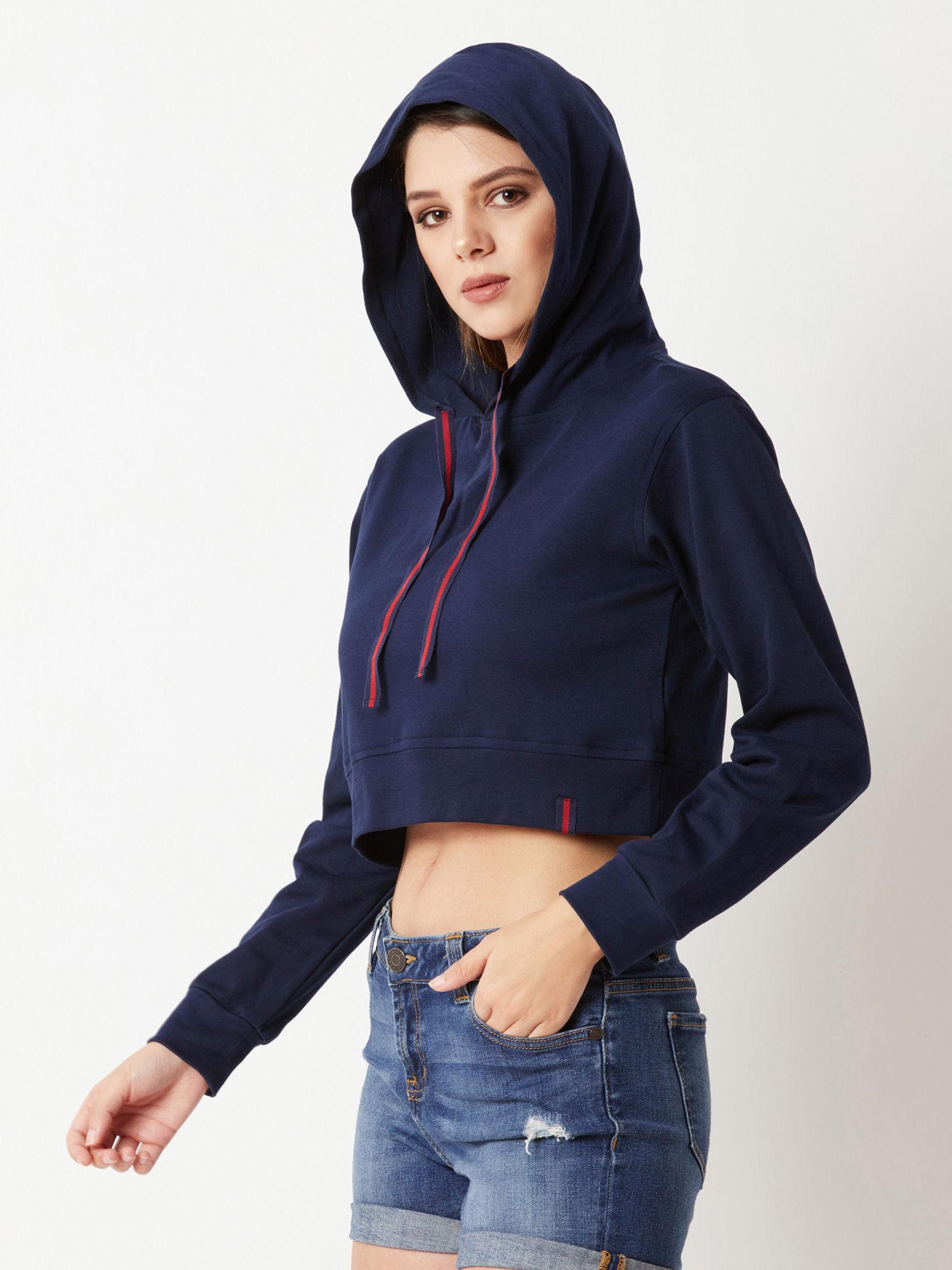 navy blue twill tape detailing crop sweatshirt