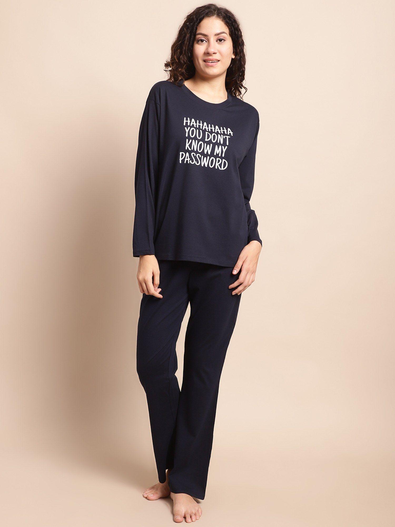 navy blue typography printed pure cotton night dress (set of 2)