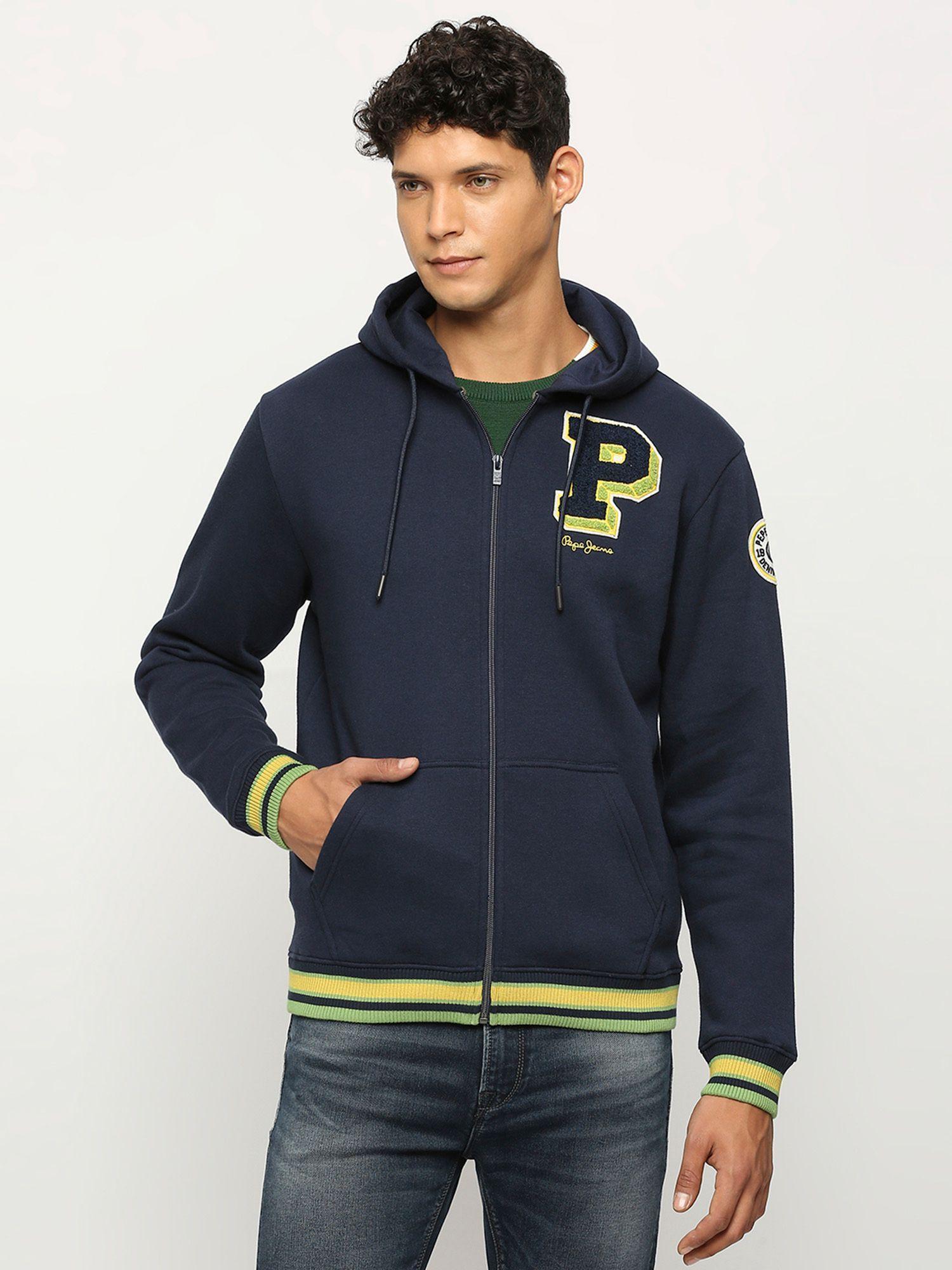 navy blue typography varsity hooded sweatshirt