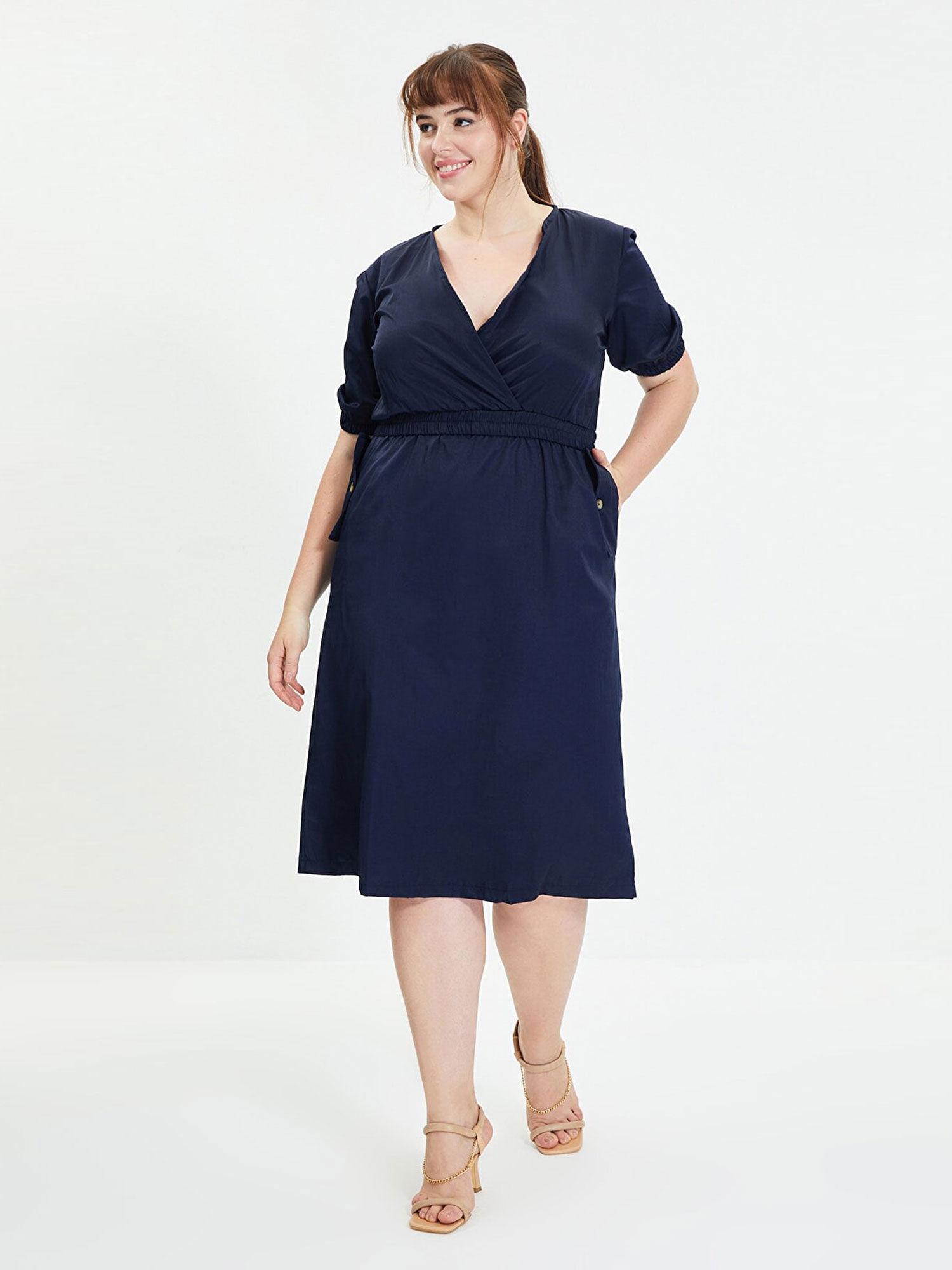 navy blue v neck midi dress