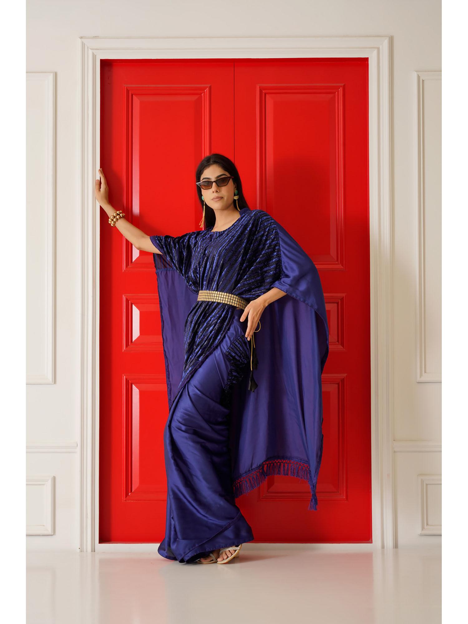 navy blue velvet & satin kaftan saree with unstitched blouse