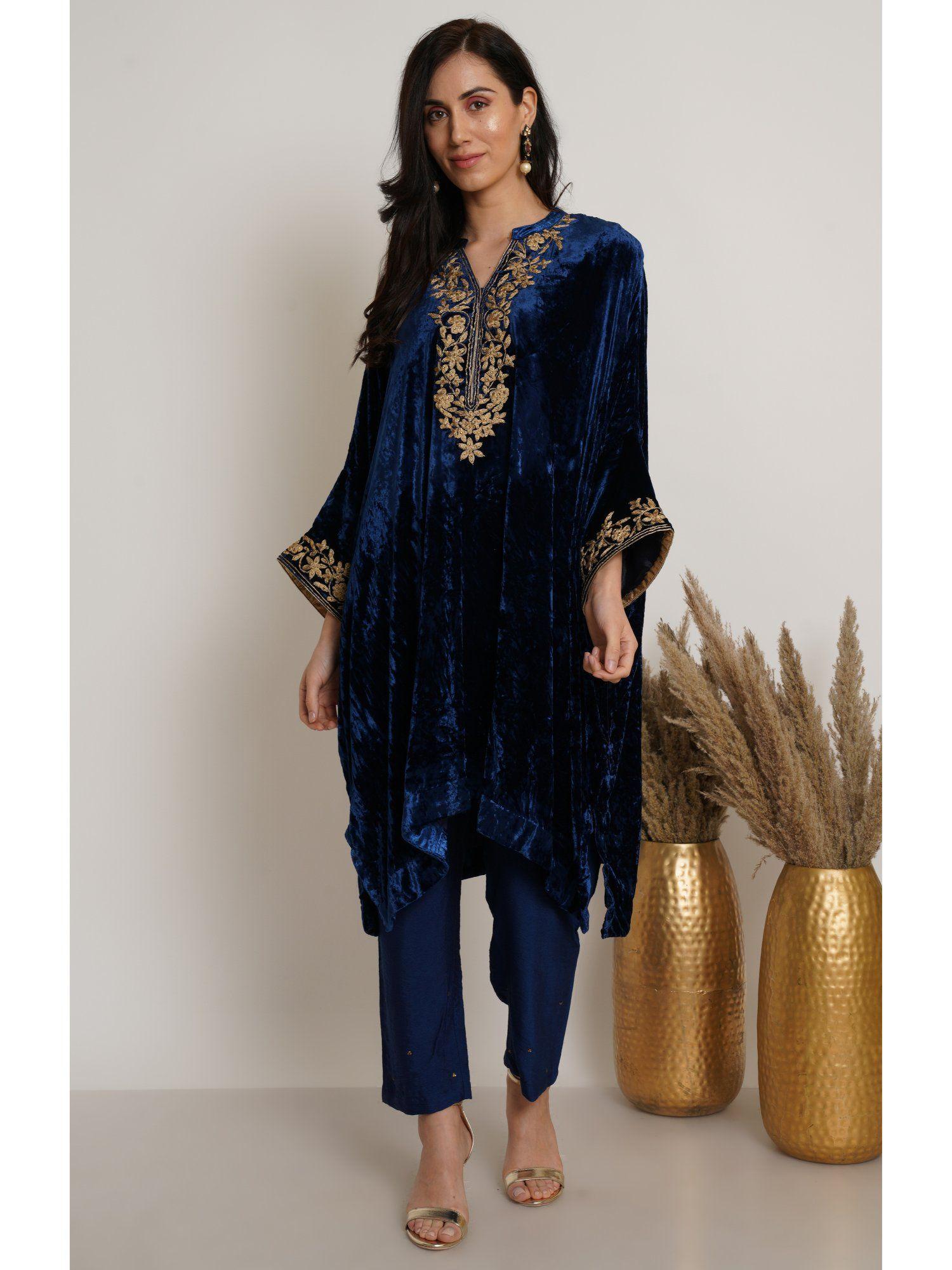 navy blue velvet embroidered & embellished kaftan with pant (set of 2)