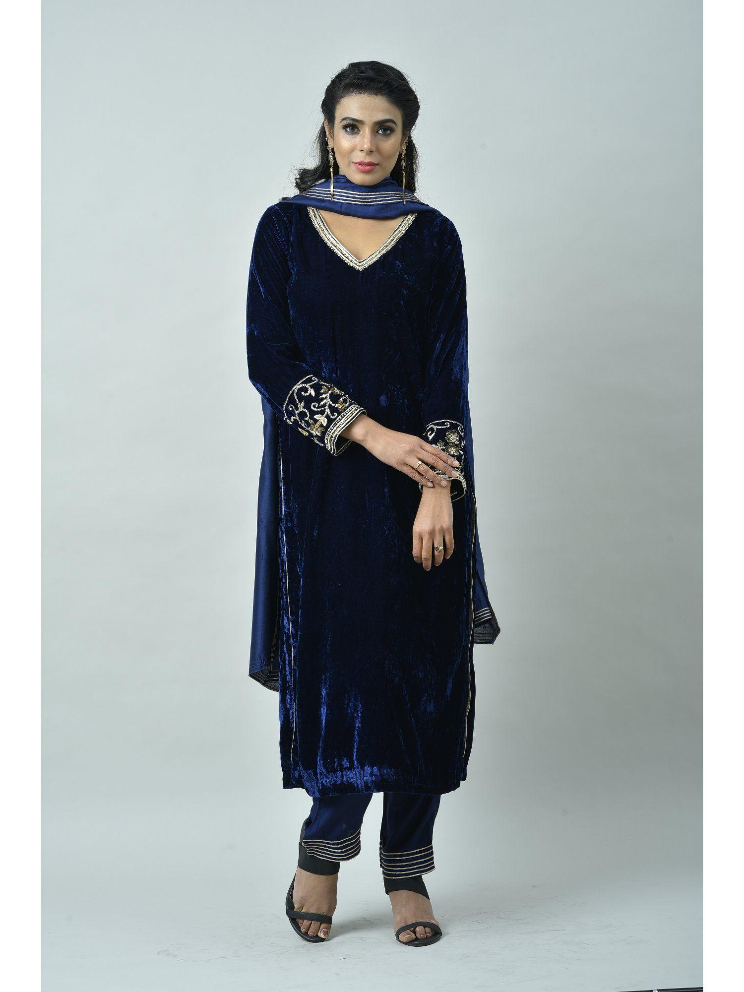 navy blue velvet embroidered & zardozi work kurta with pant & dupatta (set of 3)