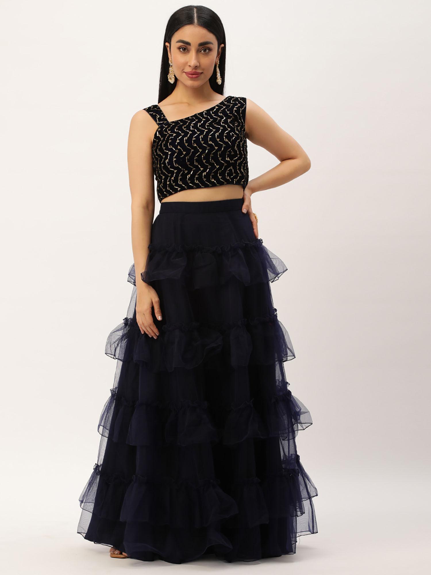 navy blue velvet embroidered crop top & blue top & skirt (set of 2)