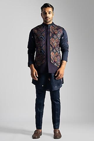 navy blue velvet embroidered nehru jacket