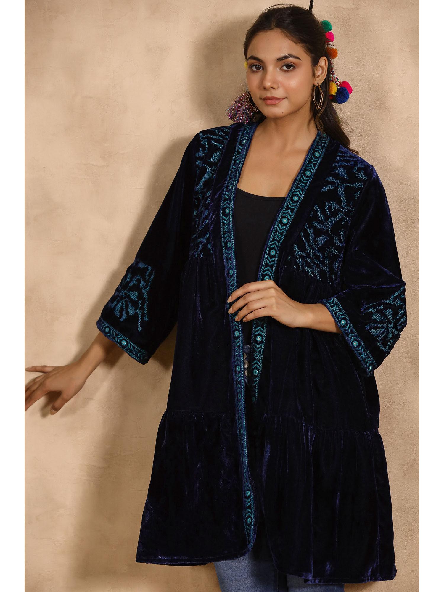 navy blue velvet embroidered with mirror work jacket for women