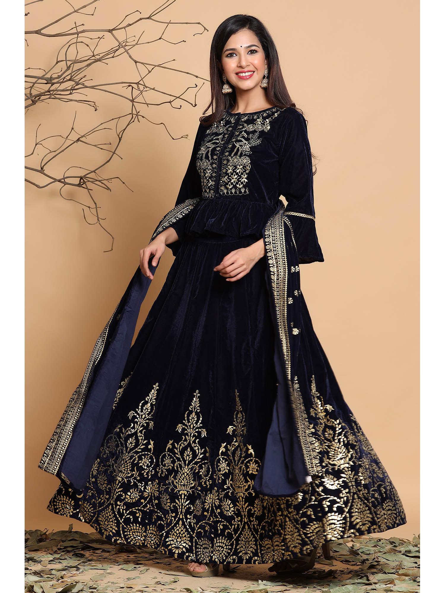 navy blue velvet ethnic motif printed lehenga choli & dupatta set