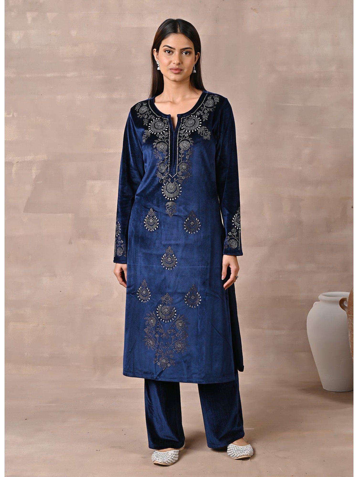 navy blue velvet kurta with fine mirror work